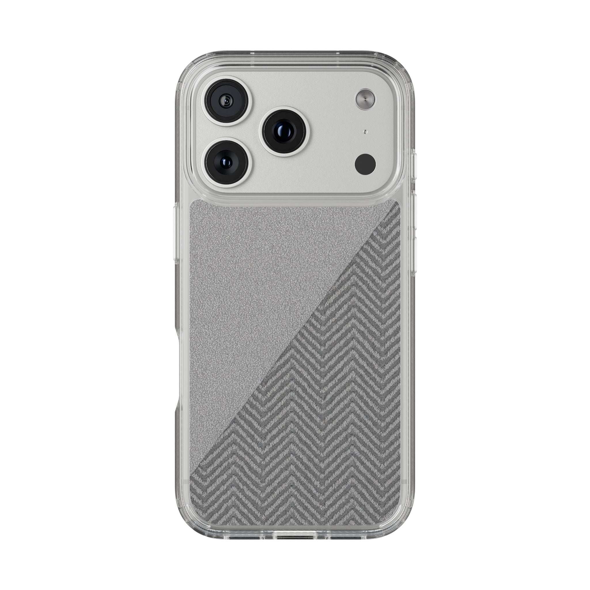 Clear-edged dark herringbone tough phone case with speckled gray back and camera openings