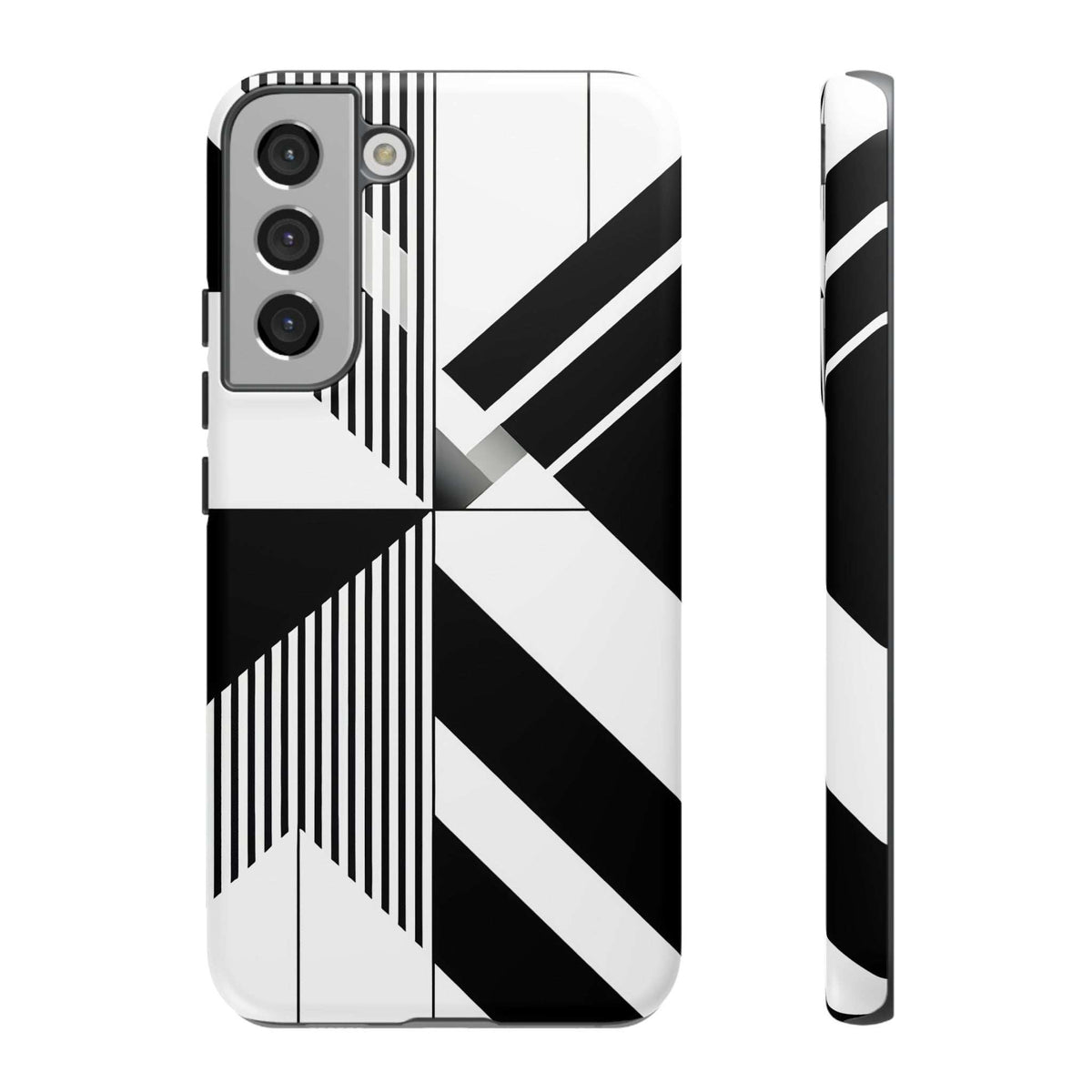 Monochrome tough phone case featuring black-and-white striped geometric design, camera cutout
