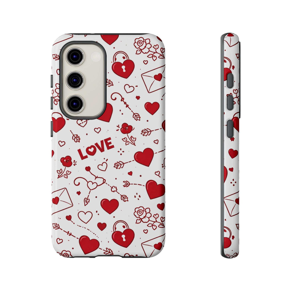 Glossy white phone case with red hearts and love doodle pattern; camera cutouts