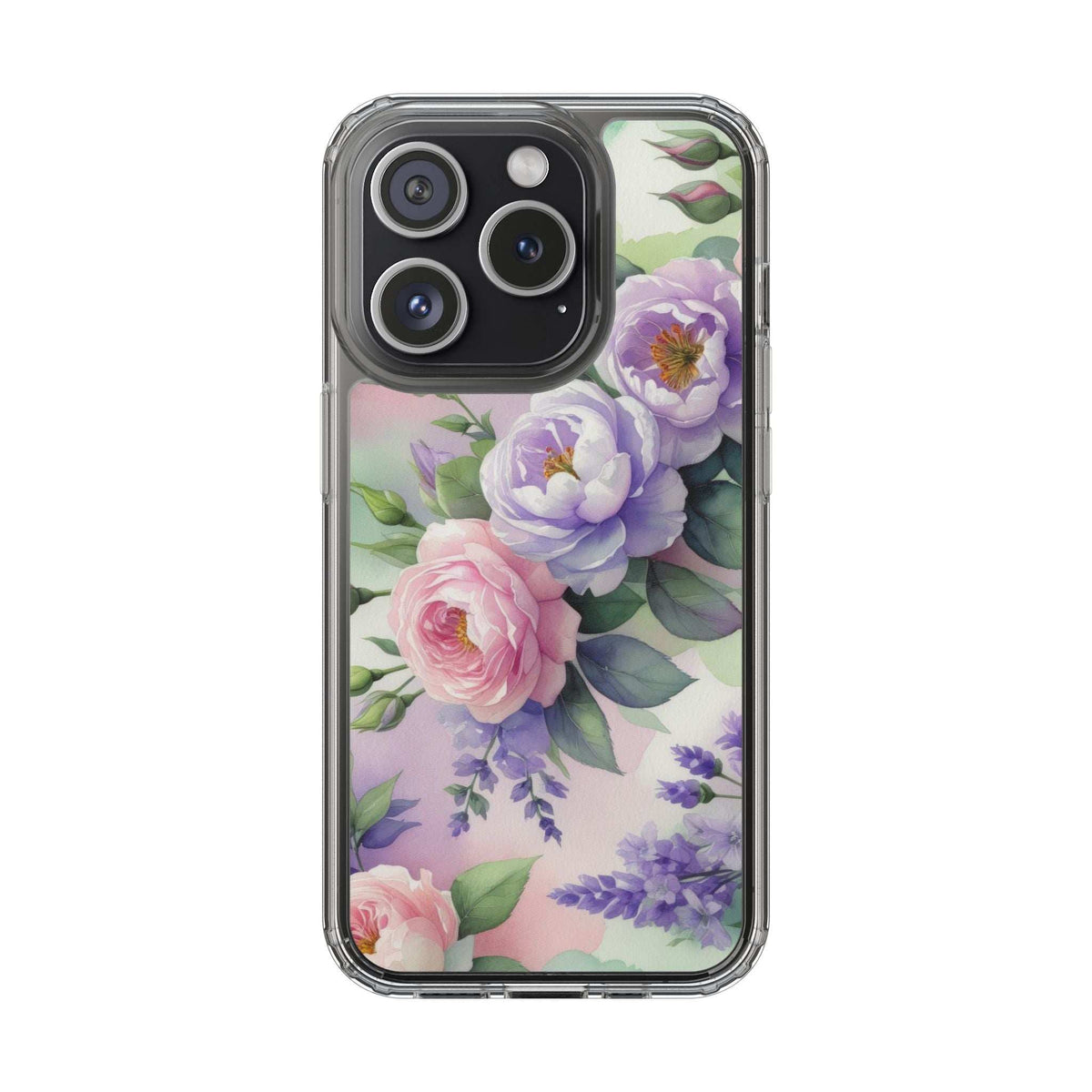 Clear floral phone case with pastel roses and lilac flowers, centered front view