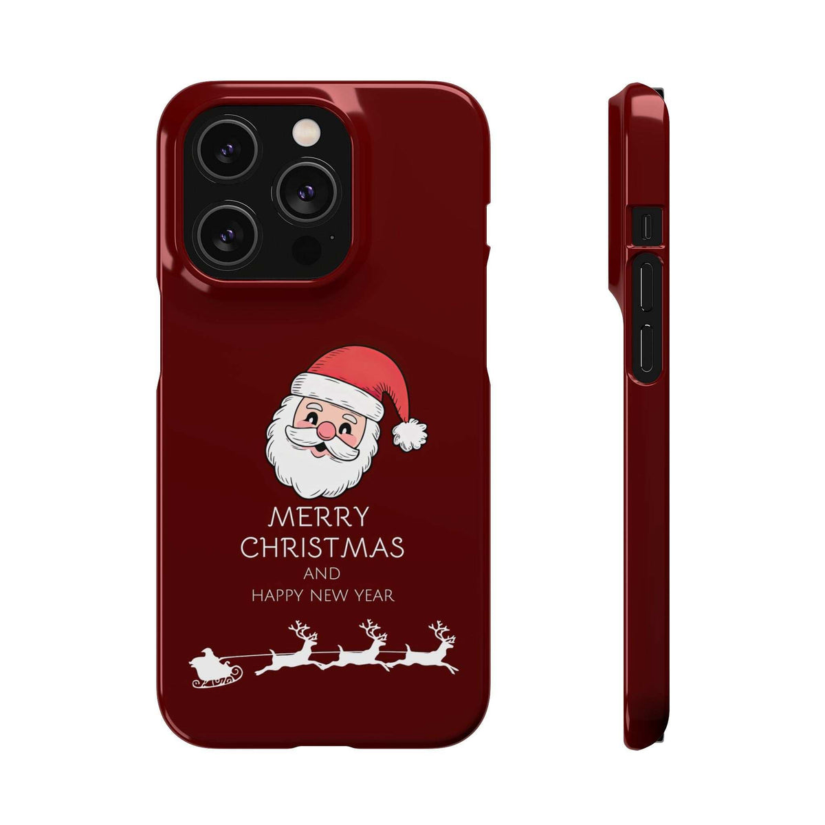 Glossy maroon phone case with Santa graphic and Merry Christmas text; side view shows port openings.