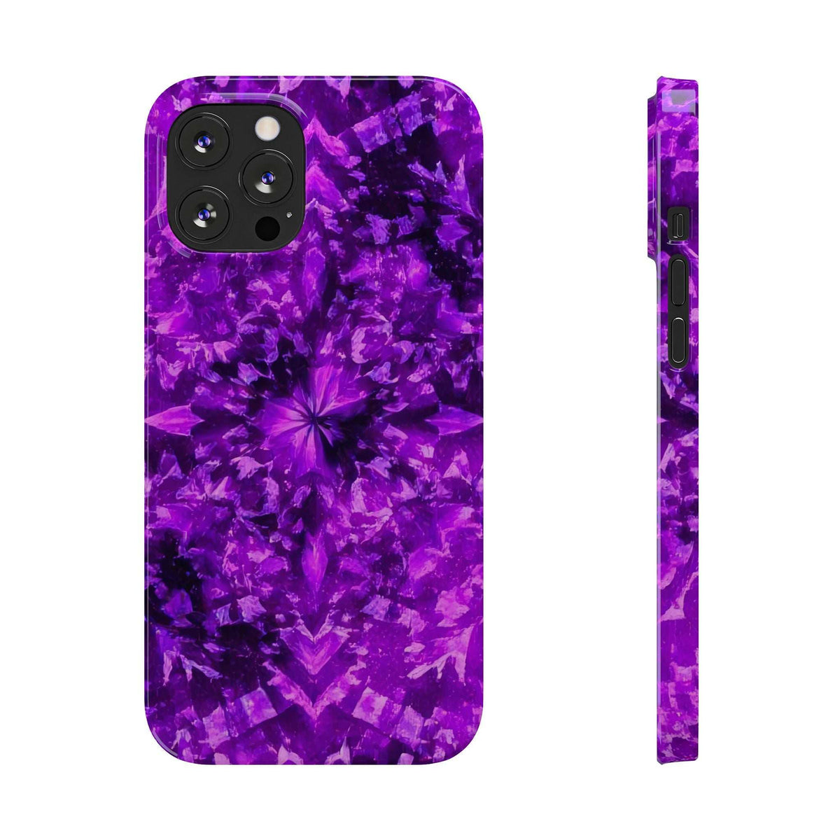 Purple kaleidoscope phone case, vivid starburst center design; camera lenses visible