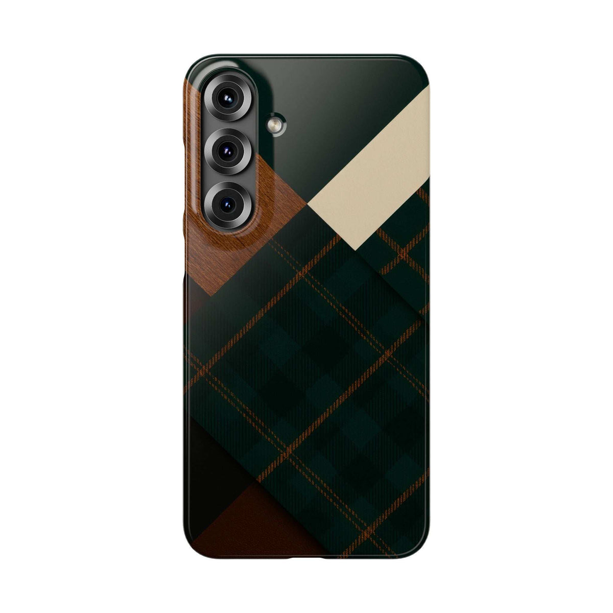 Rustic plaid green phone case with tan diamond accent and triple camera cutouts
