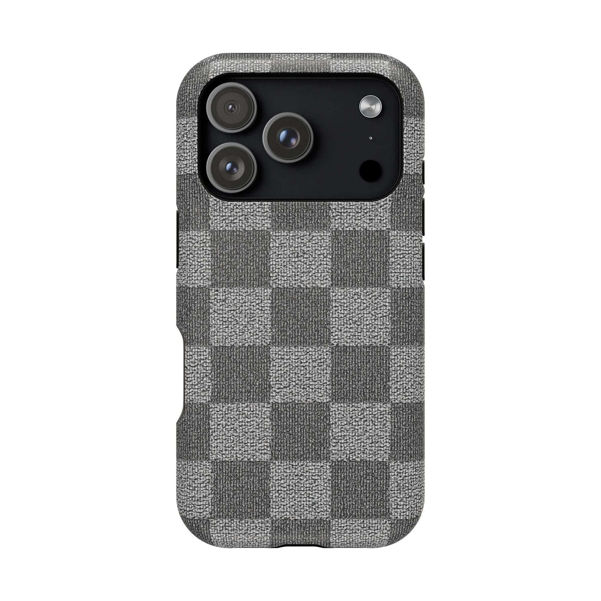 Gray checkered phone case with triple-camera cutout and flash on dark top panel