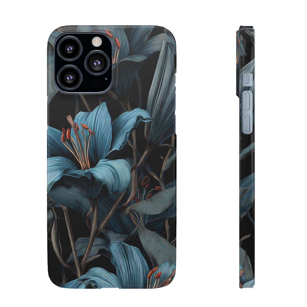 Phone case front view with blue floral leaf pattern, dark base, and camera cutouts