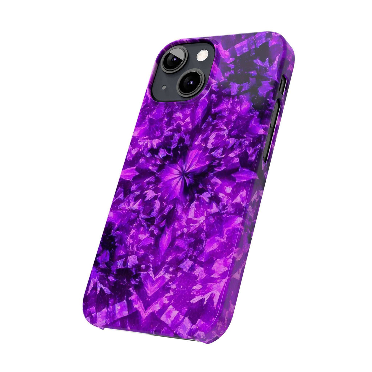 Purple kaleidoscope phone case with flowerburst pattern, side angle view