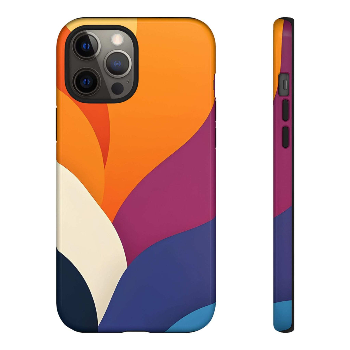 Abstract design phone case with orange-magenta wave pattern and side button cutouts.