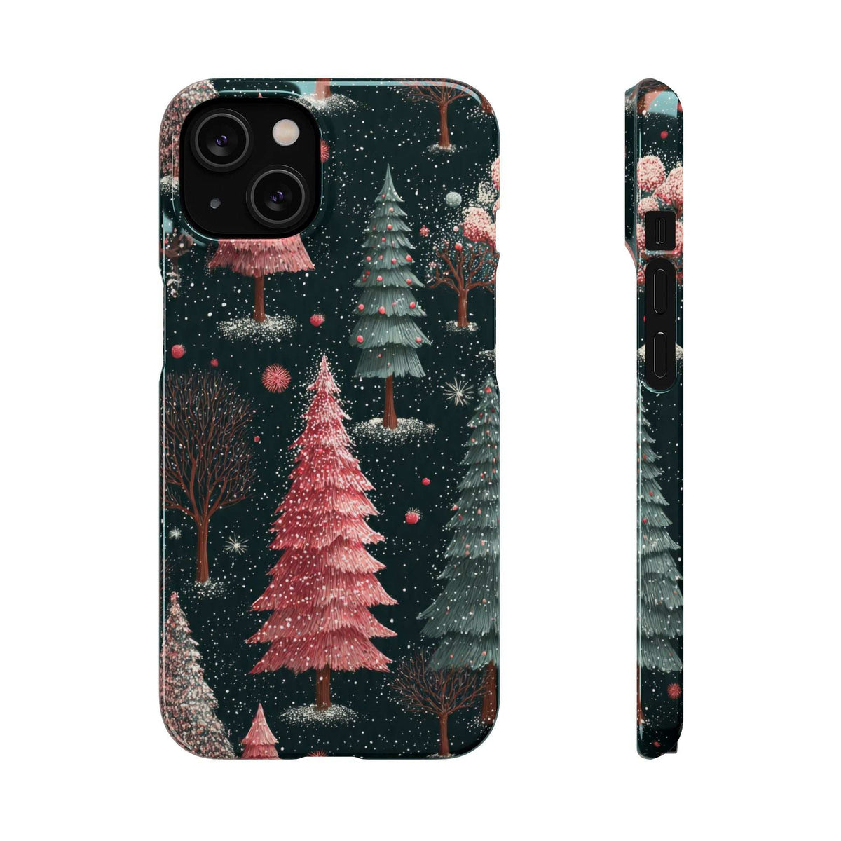 Forest-themed glossy phone case with snowy pine trees and pink-red highlights; side button cutout.