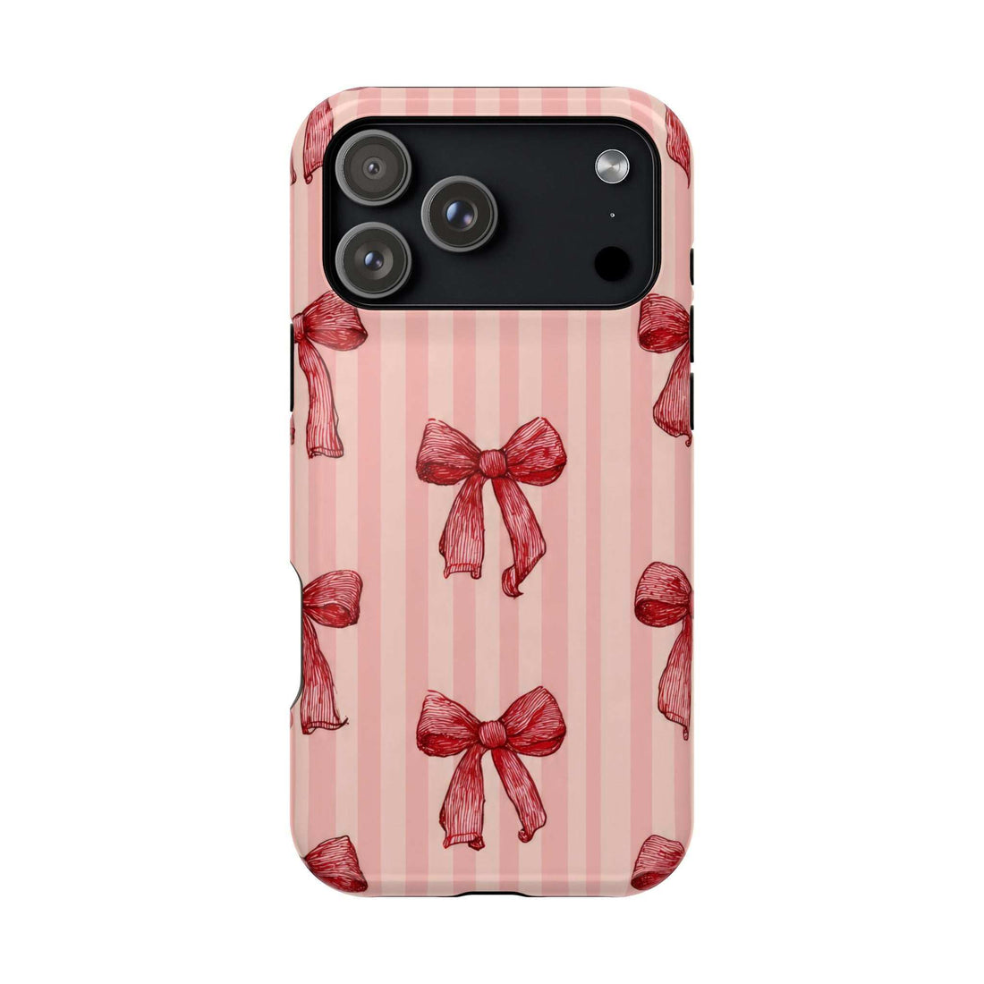 Pink phone case with vertical stripes and red bow pattern; raised camera cutout.