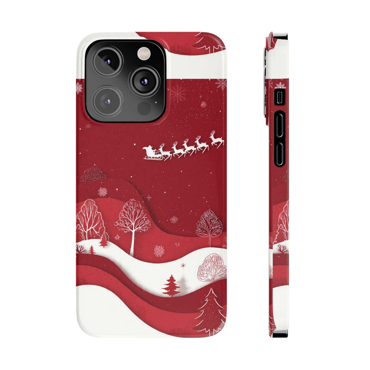 Red winter phone case with sleigh team and patterned trees; camera and button openings.