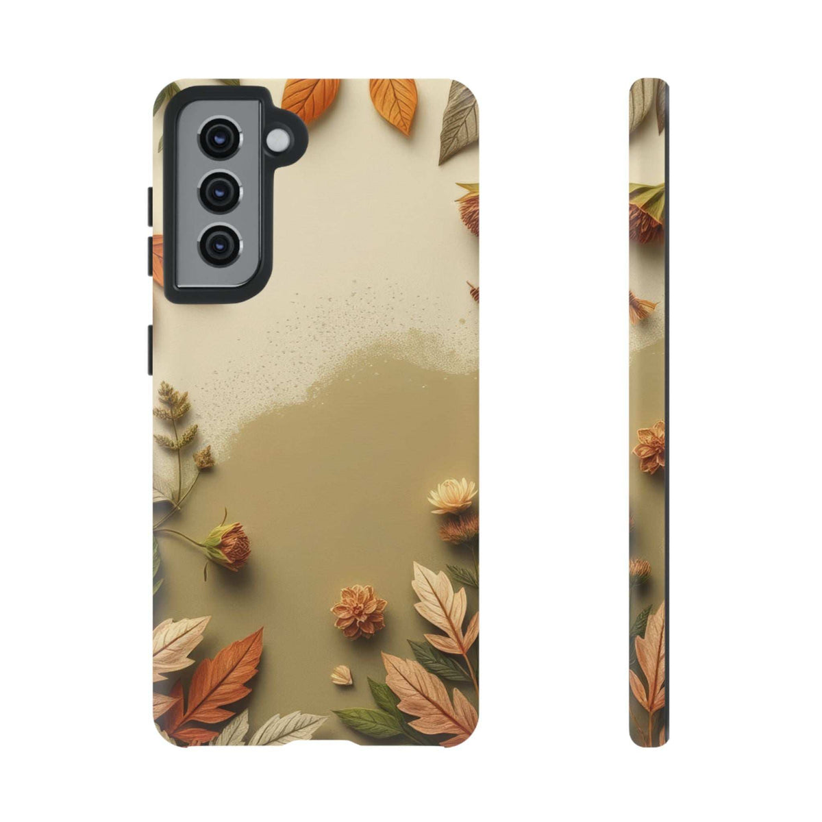 Autumn leaves phone case with beige autumn leaf artwork, camera cutout, front and side profile