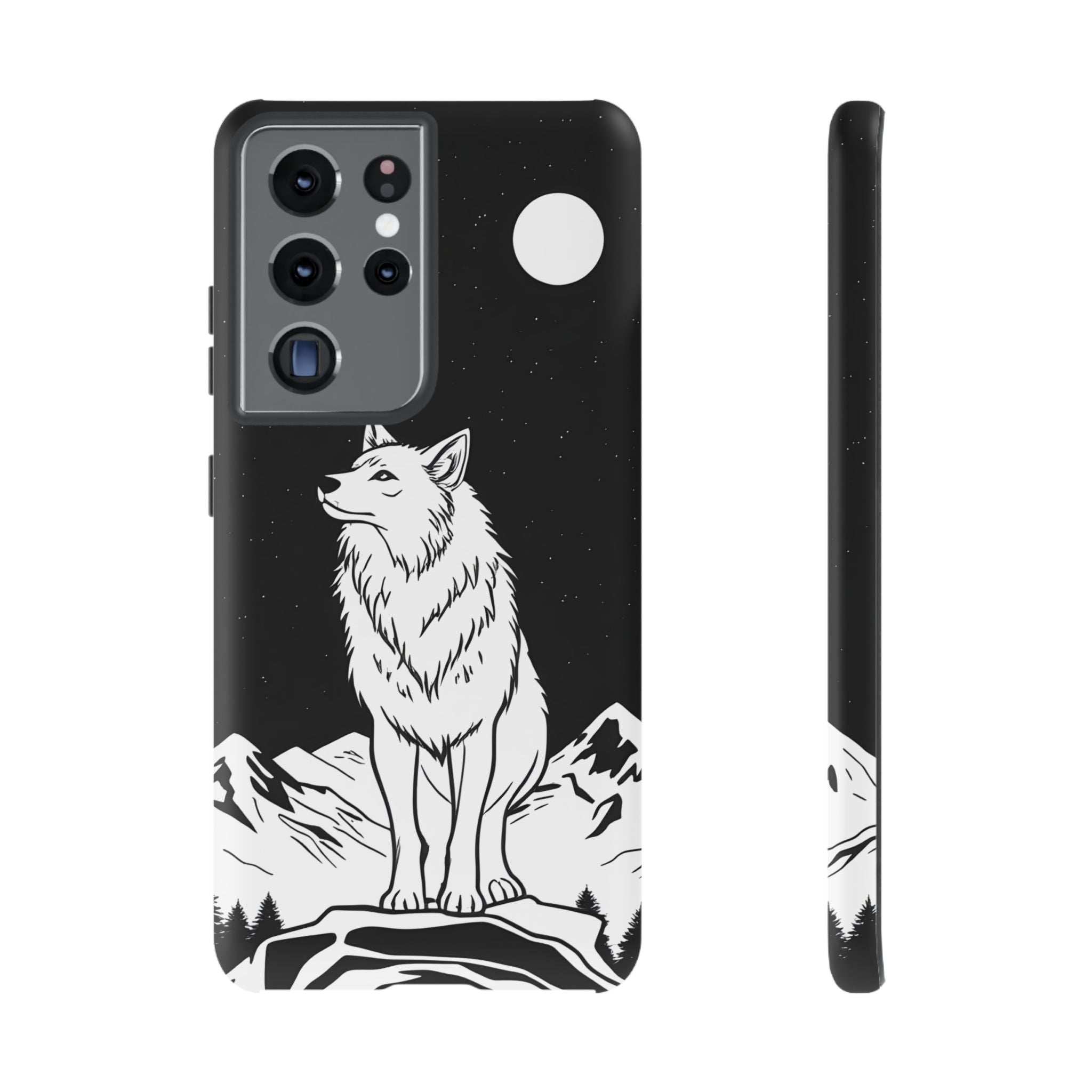 Black phone case with white wolf illustration, starry night pattern, quad camera cutouts