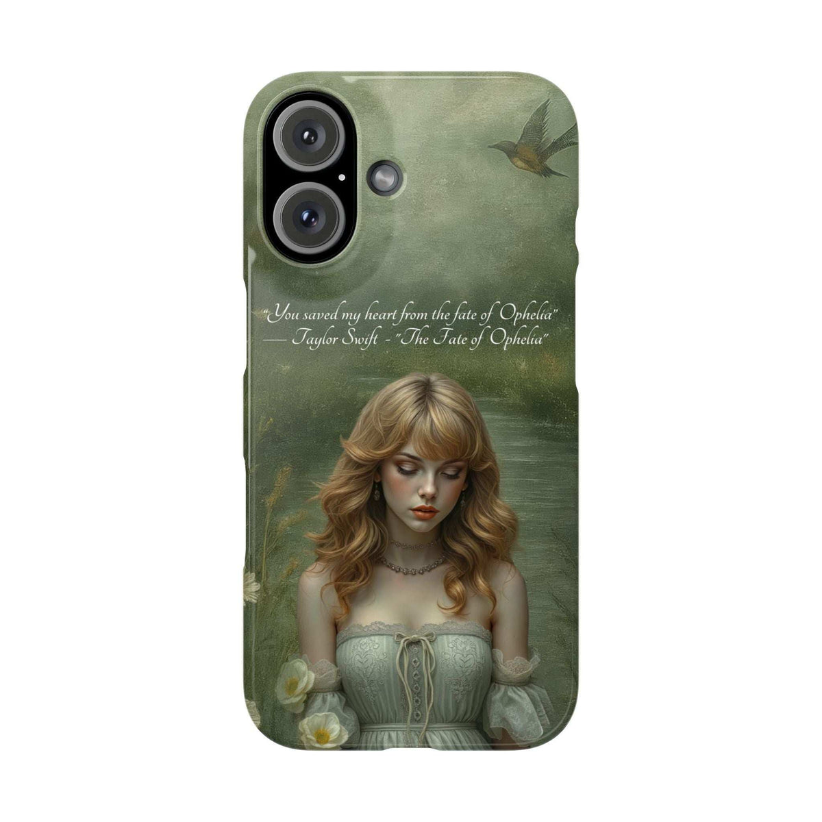 Green phone case with blonde woman artwork and bird near top; camera cutouts visible