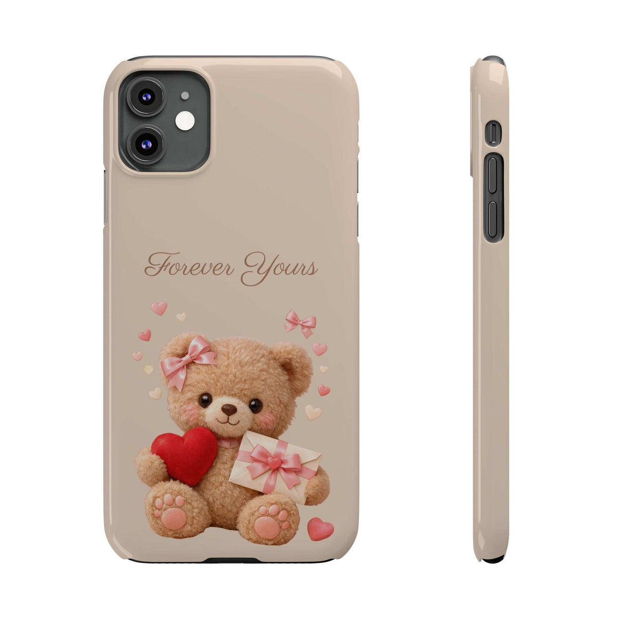 Beige phone case with teddy and red heart design; shows side profile with cutouts