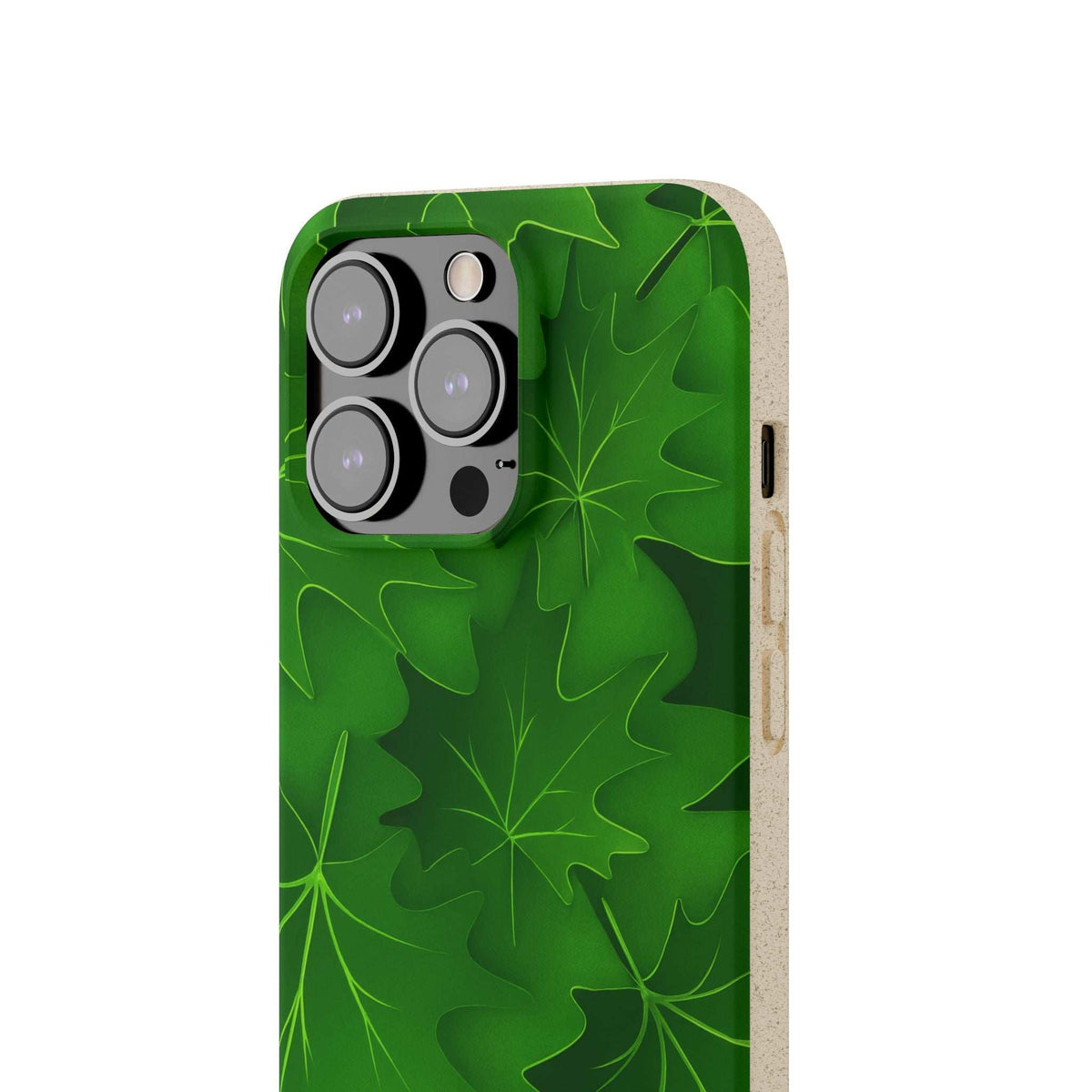 Green leaf phone case detail with four-camera cutout and side button opening