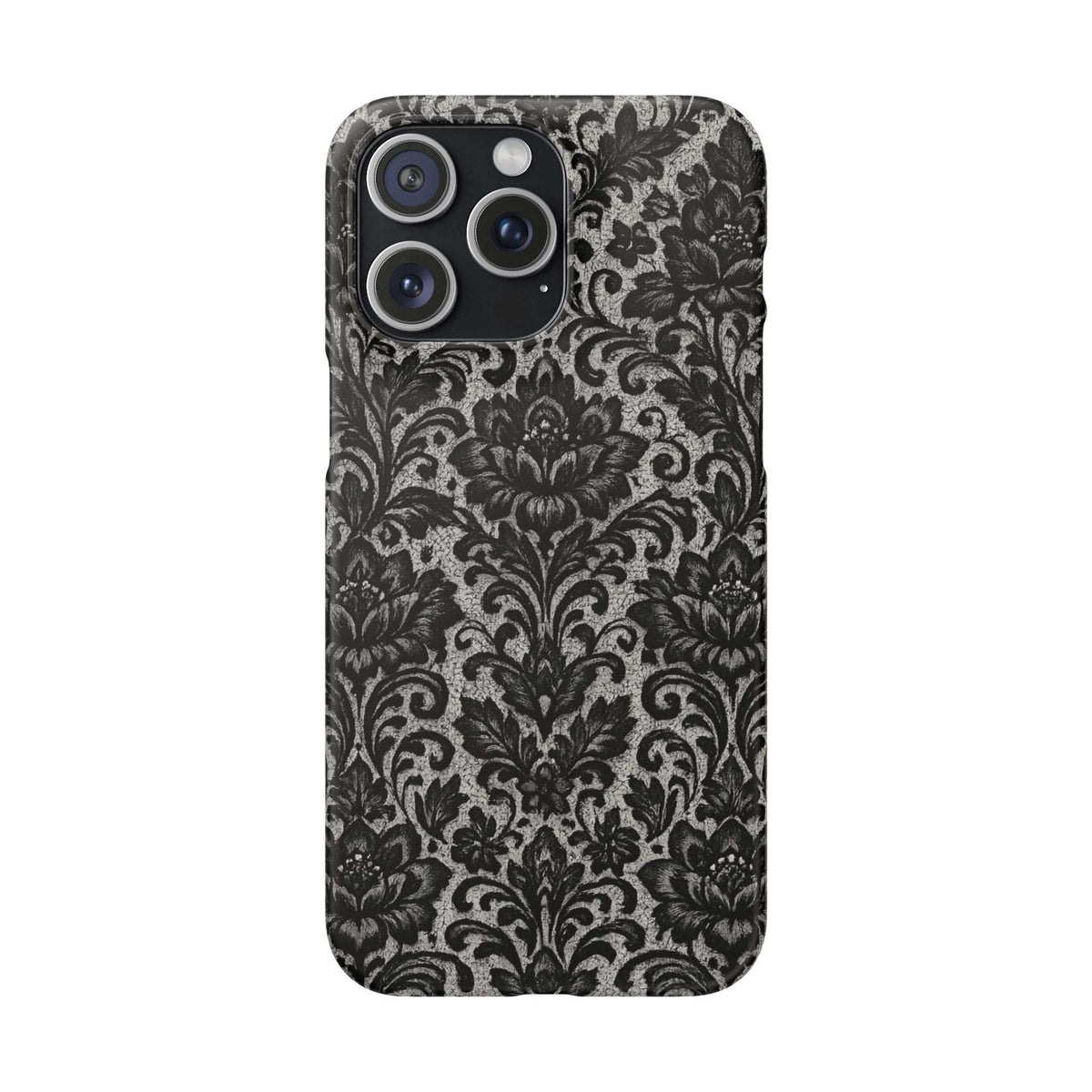 Black damask floral phone case with prominent camera cutouts and patterned back