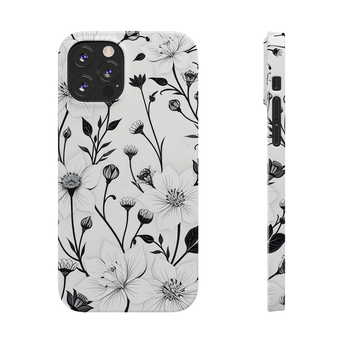 Phone case back with monochrome floral print and side view with camera opening