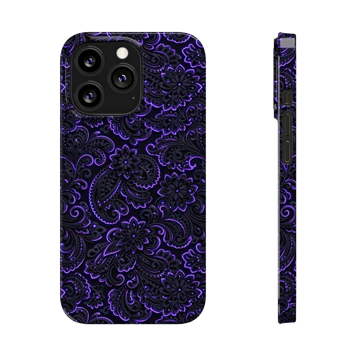 Phone case with neon purple paisley pattern, front view plus slim side profile.