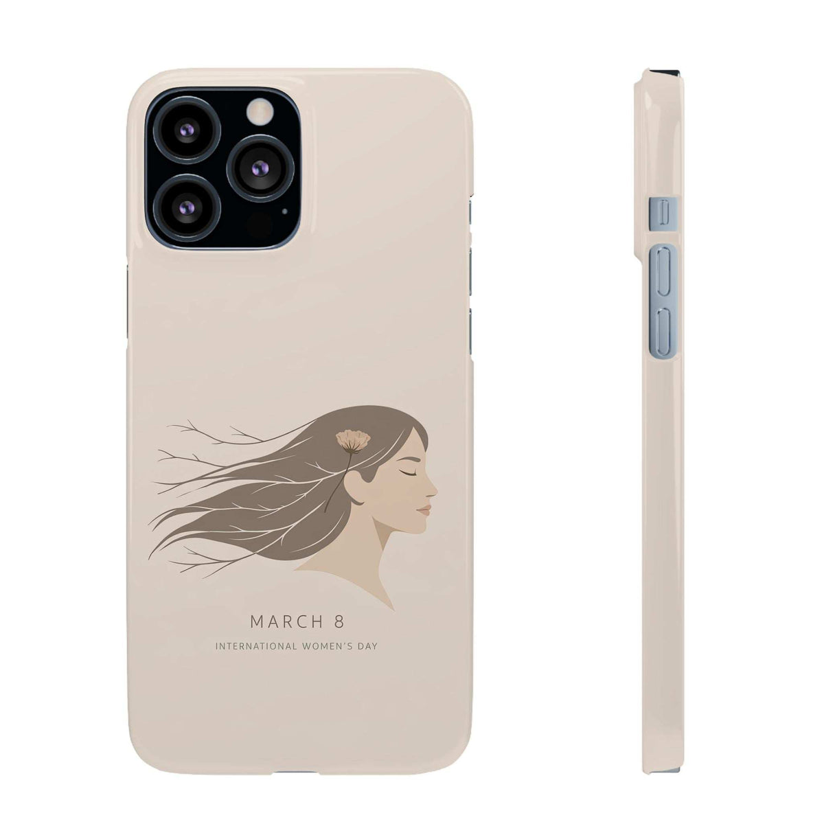 Beige phone case with woman profile graphic and “MARCH 8” lettering; side view with buttons.