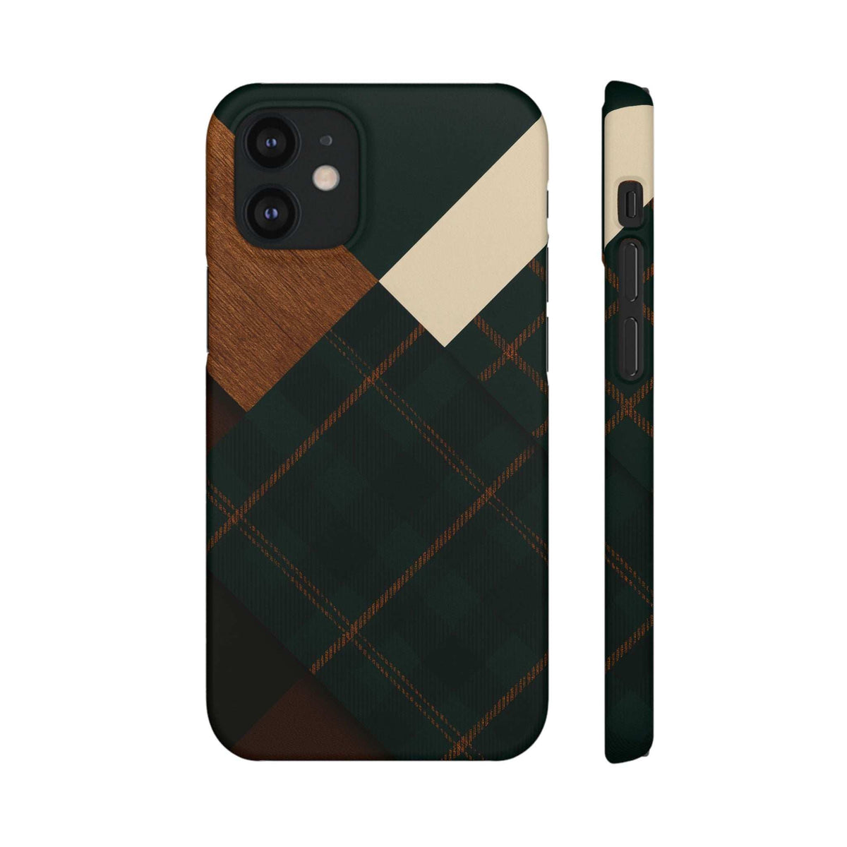 Phone case showing dark green plaid with tan wood panel and cream diamond accent; side button openings