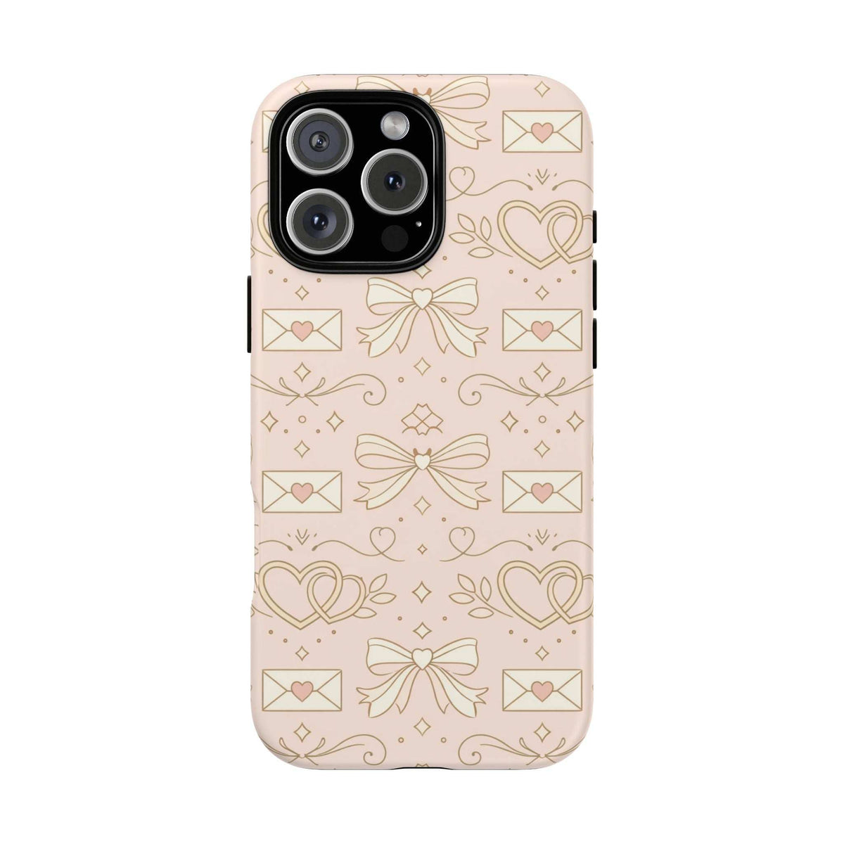 Light pink tough phone case with repeating hearts and bows; protective camera openings