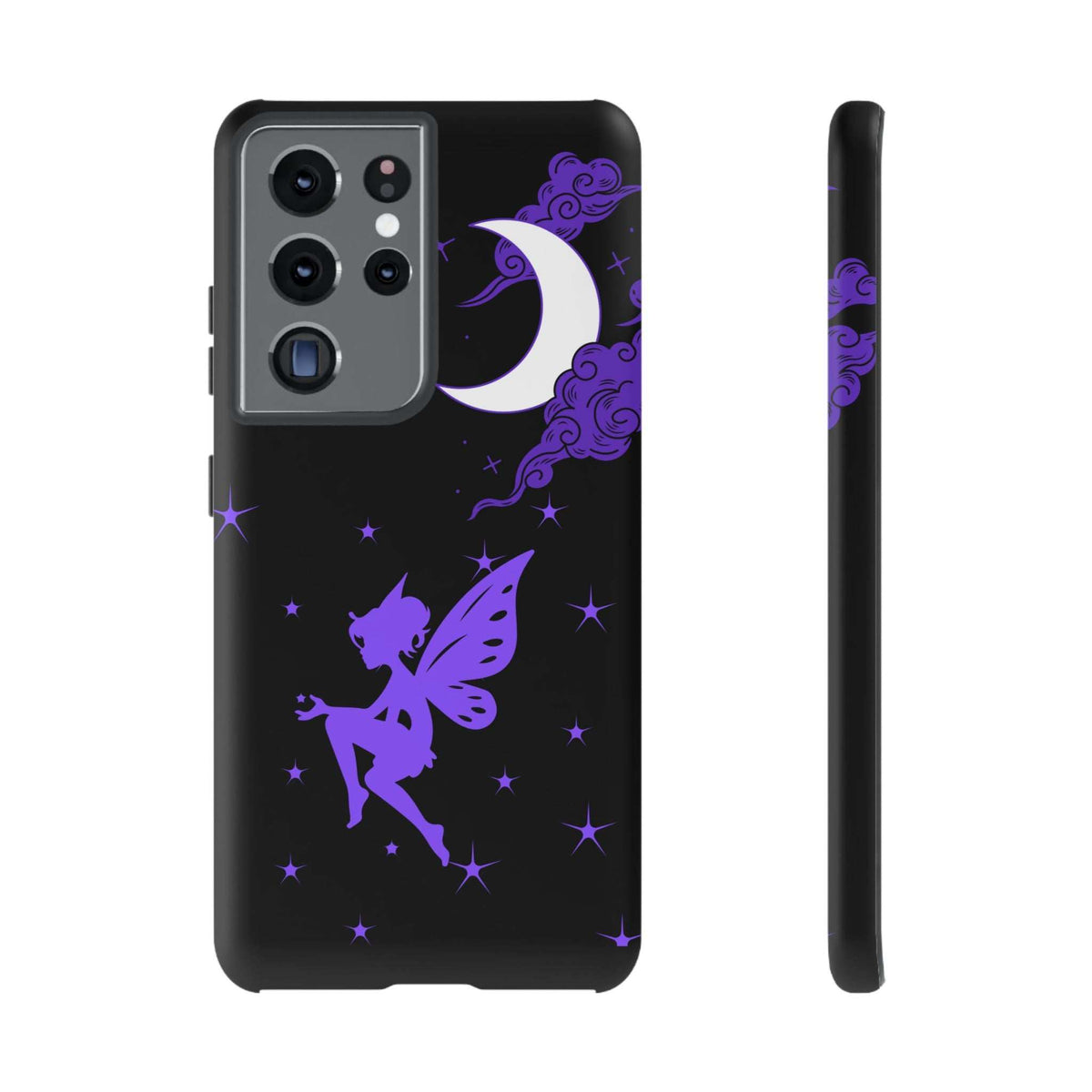 Black phone case with purple moon and fairy design; rear camera openings and flash cutout