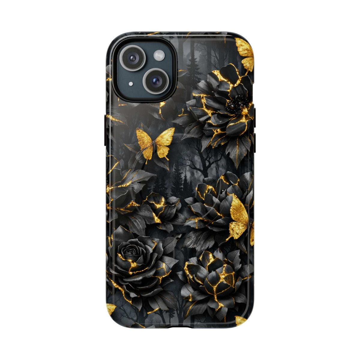 Phone case with black rose blooms, gold butterfly details, and Kintsugi-style gold crackwork