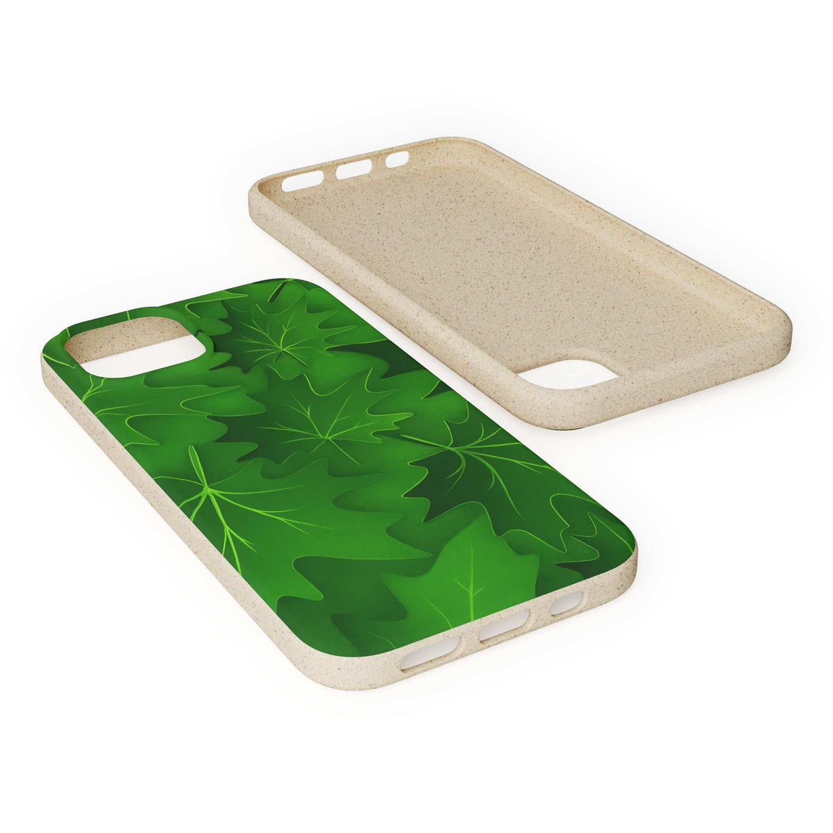 Diagonal view of speckled beige phone case with green botanical leaf design