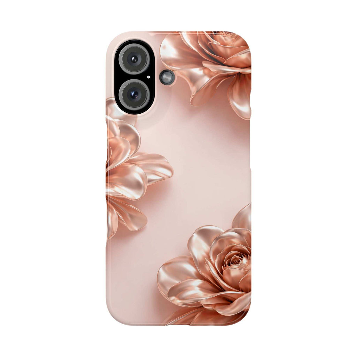 Blush pink phone case with metallic rose-flower pattern, close-up back view