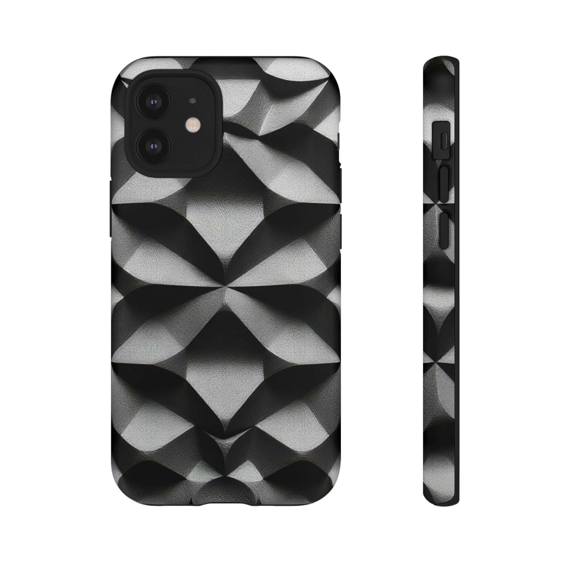 Black phone case with geometric diamond pattern, camera cutouts and raised edges