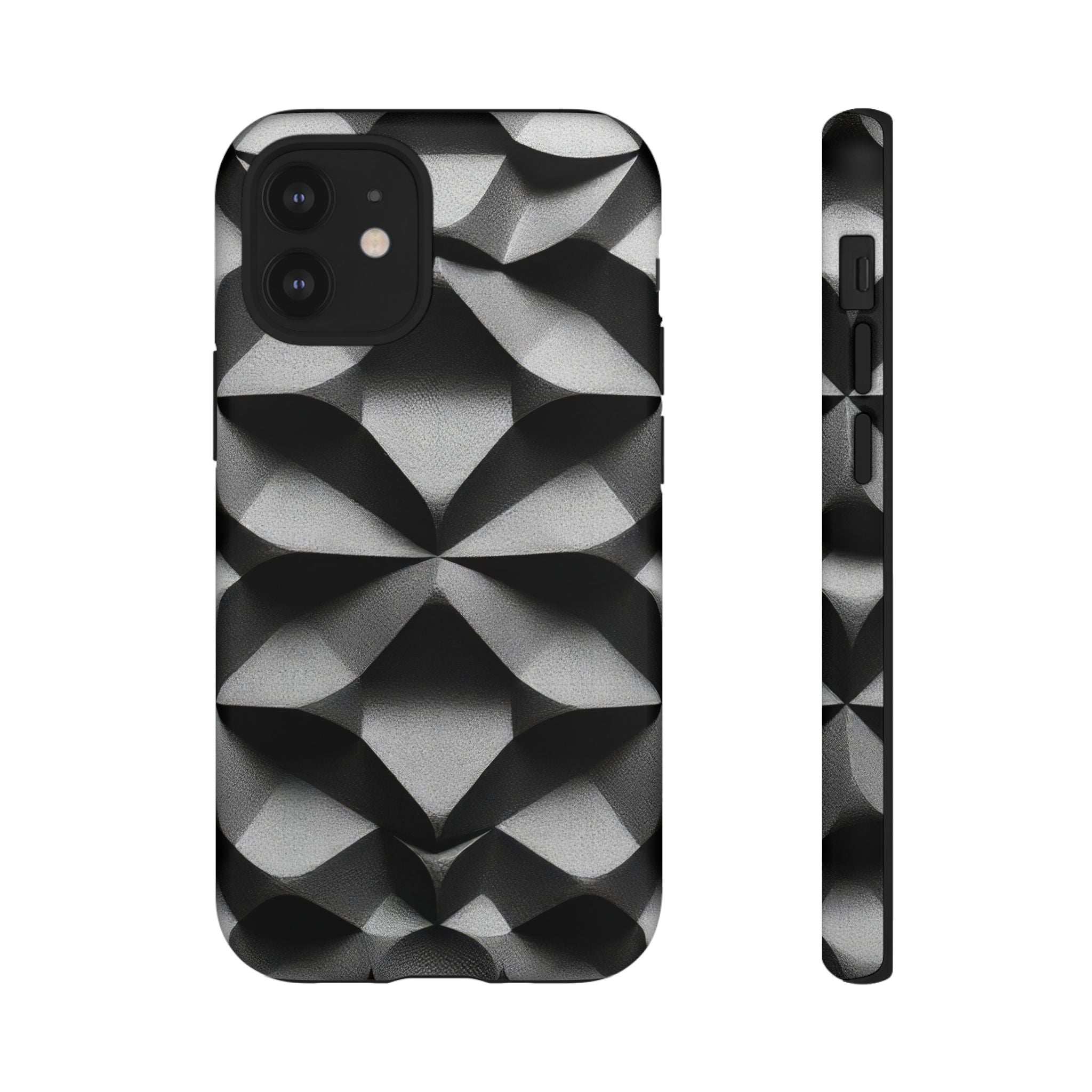 Black phone case with geometric diamond pattern, camera cutouts and raised edges