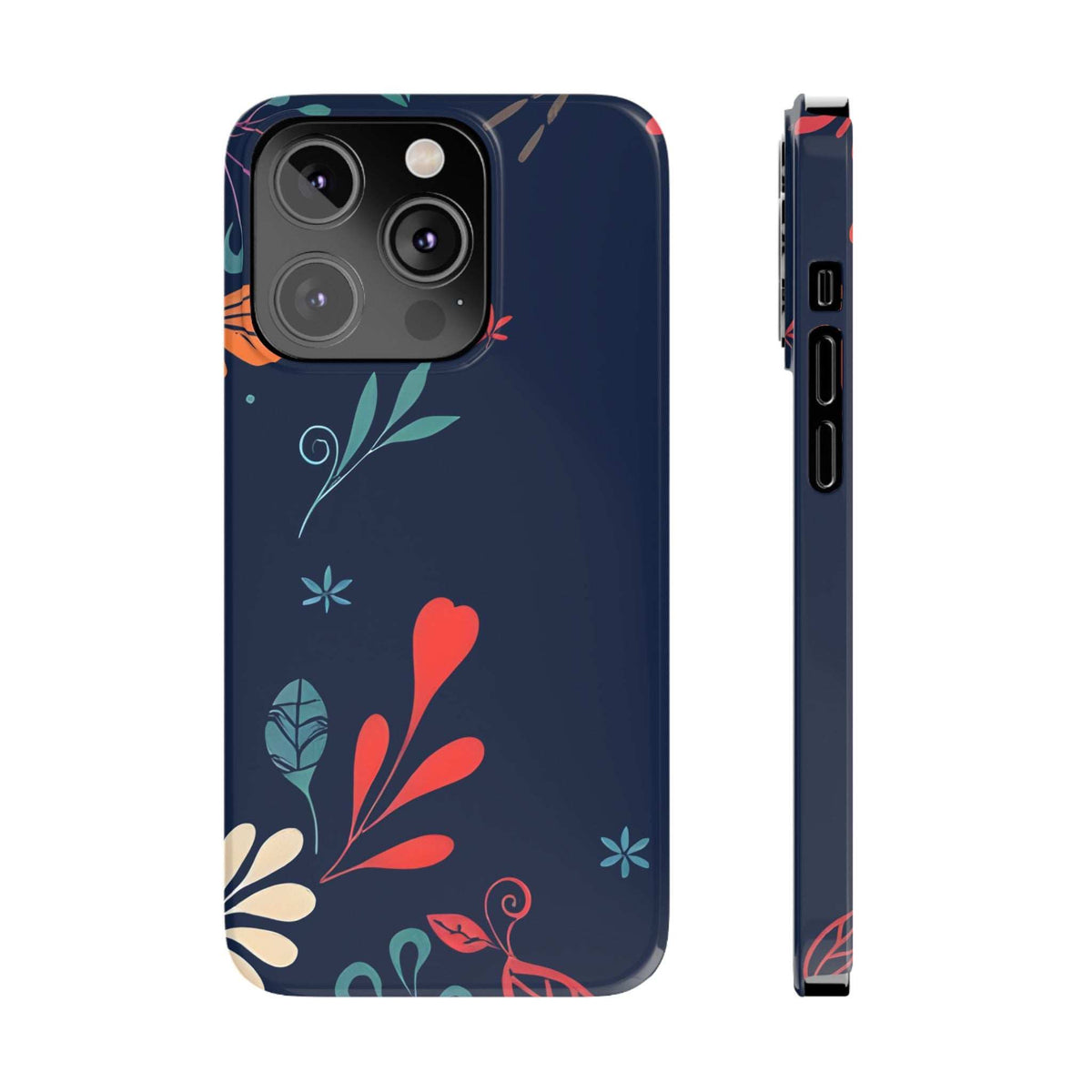 Dark navy phone case with colorful floral designs and multi-camera cutout