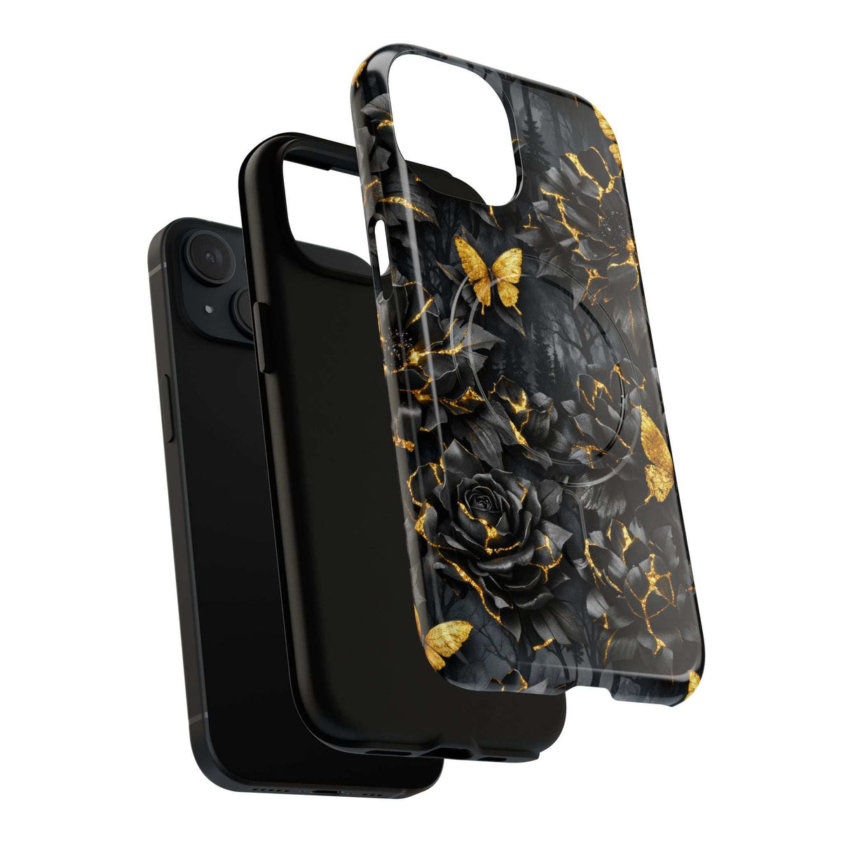 Black iPhone phone case side view with gold butterfly rose kintsugi garden pattern