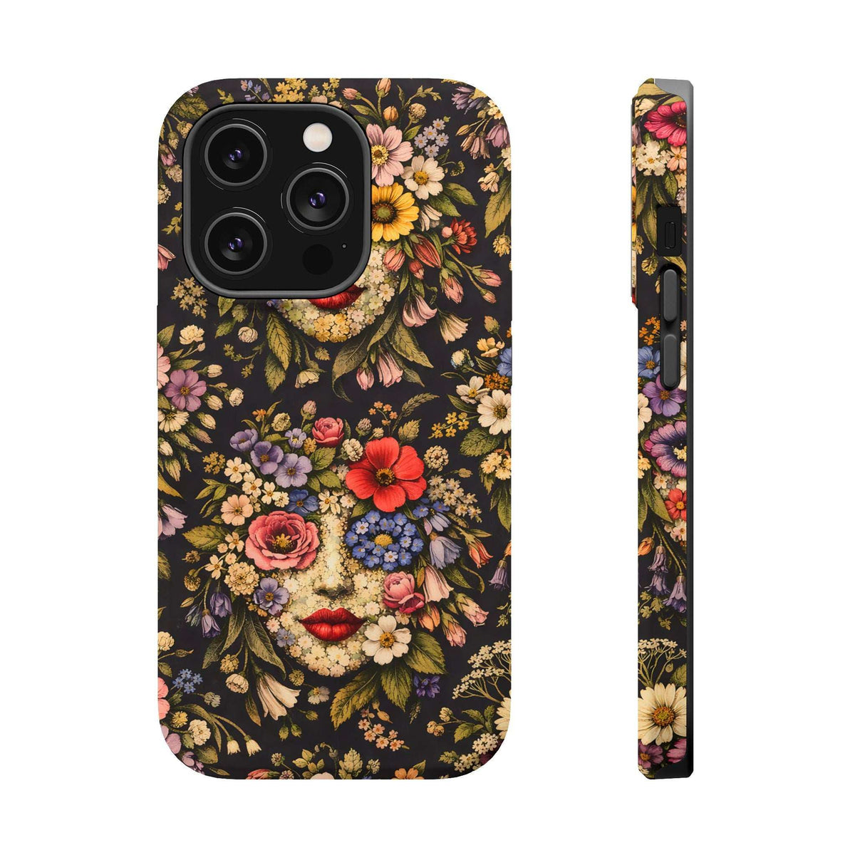Floral face phone case, dark background, front view and thin side profile