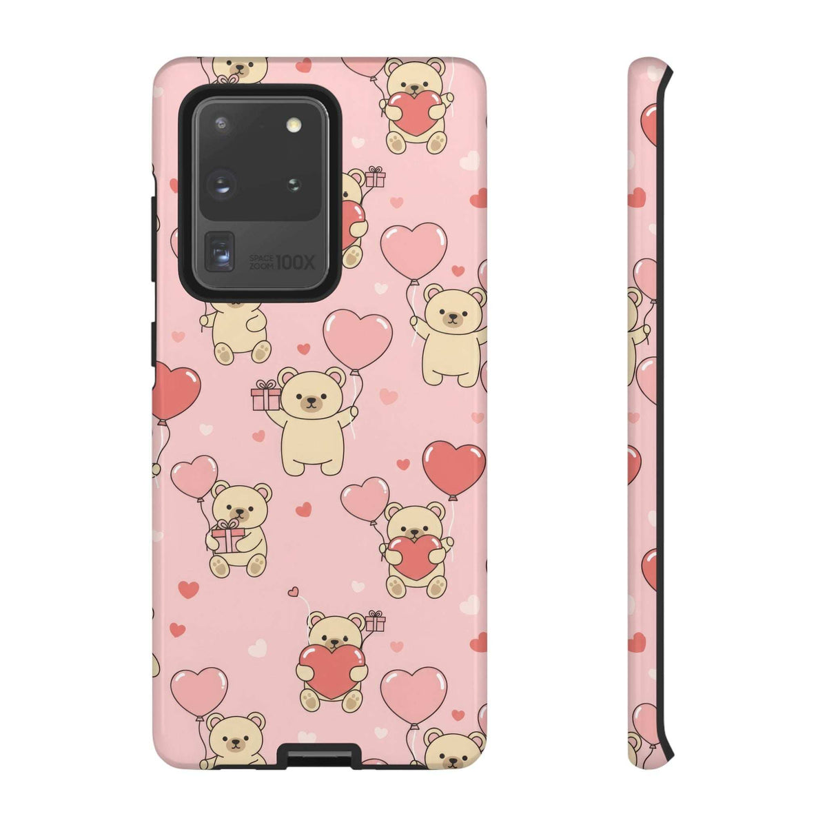 Pink phone case with teddy bear and heart pattern, camera cutout visible and side view