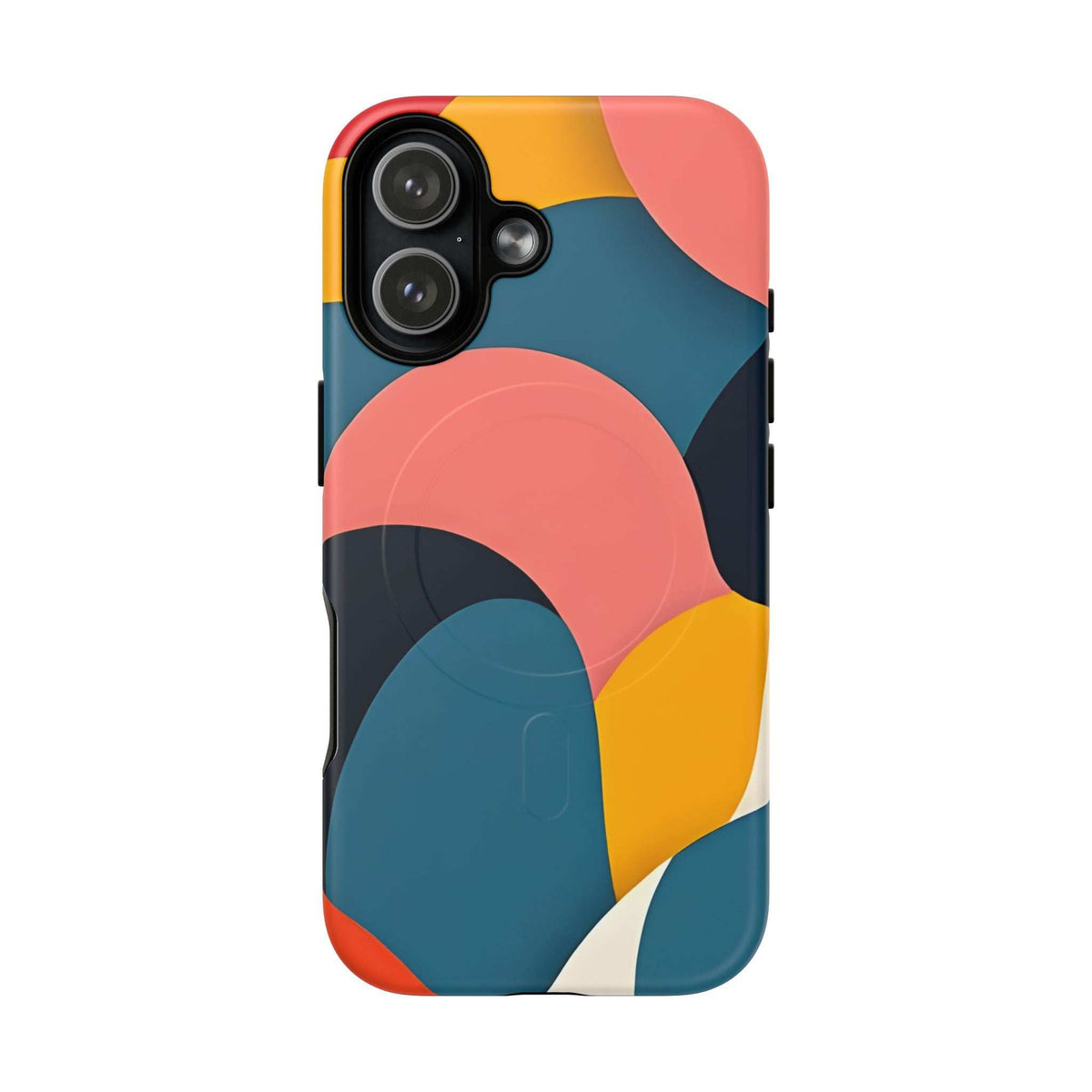 Colorful abstract phone case with coral and teal curves; triple-camera cutout with lens cluster
