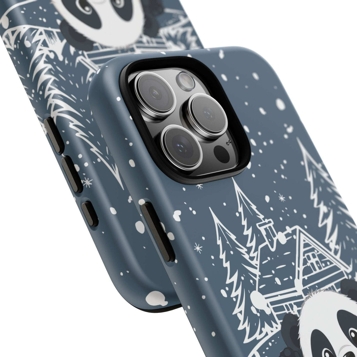 Angled blue winter panda phone case with camera lens cutout; snow dots and pine trees.