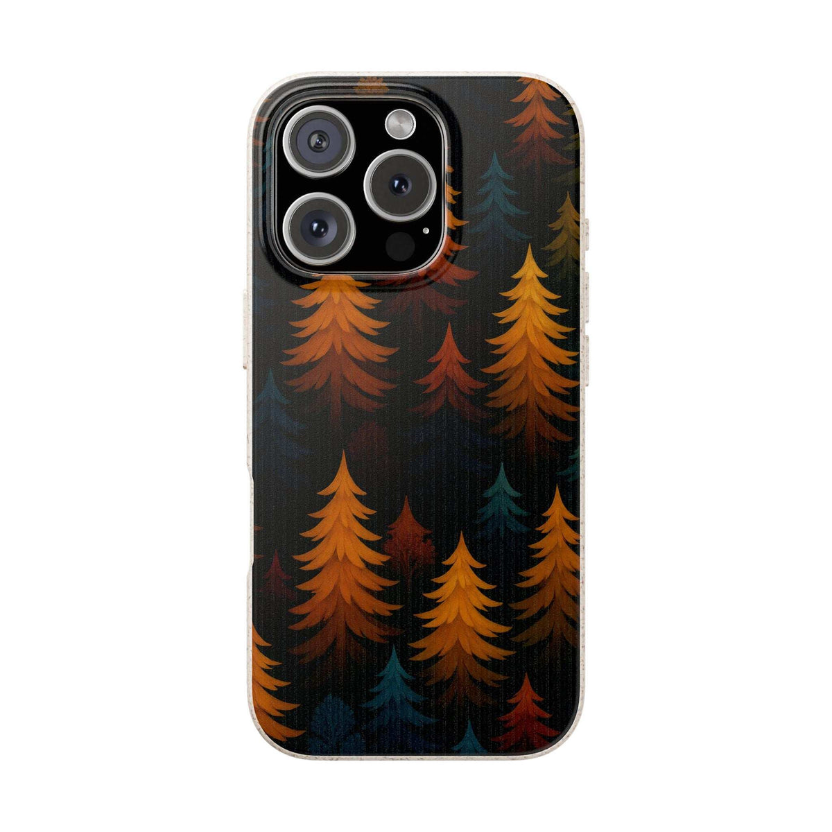 Biodegradable phone case with dark forest tree pattern and triple-lens camera cutouts