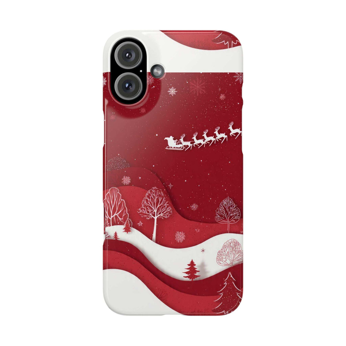 Red winter phone case with sleigh motif, trees, and snowfall pattern with white trim