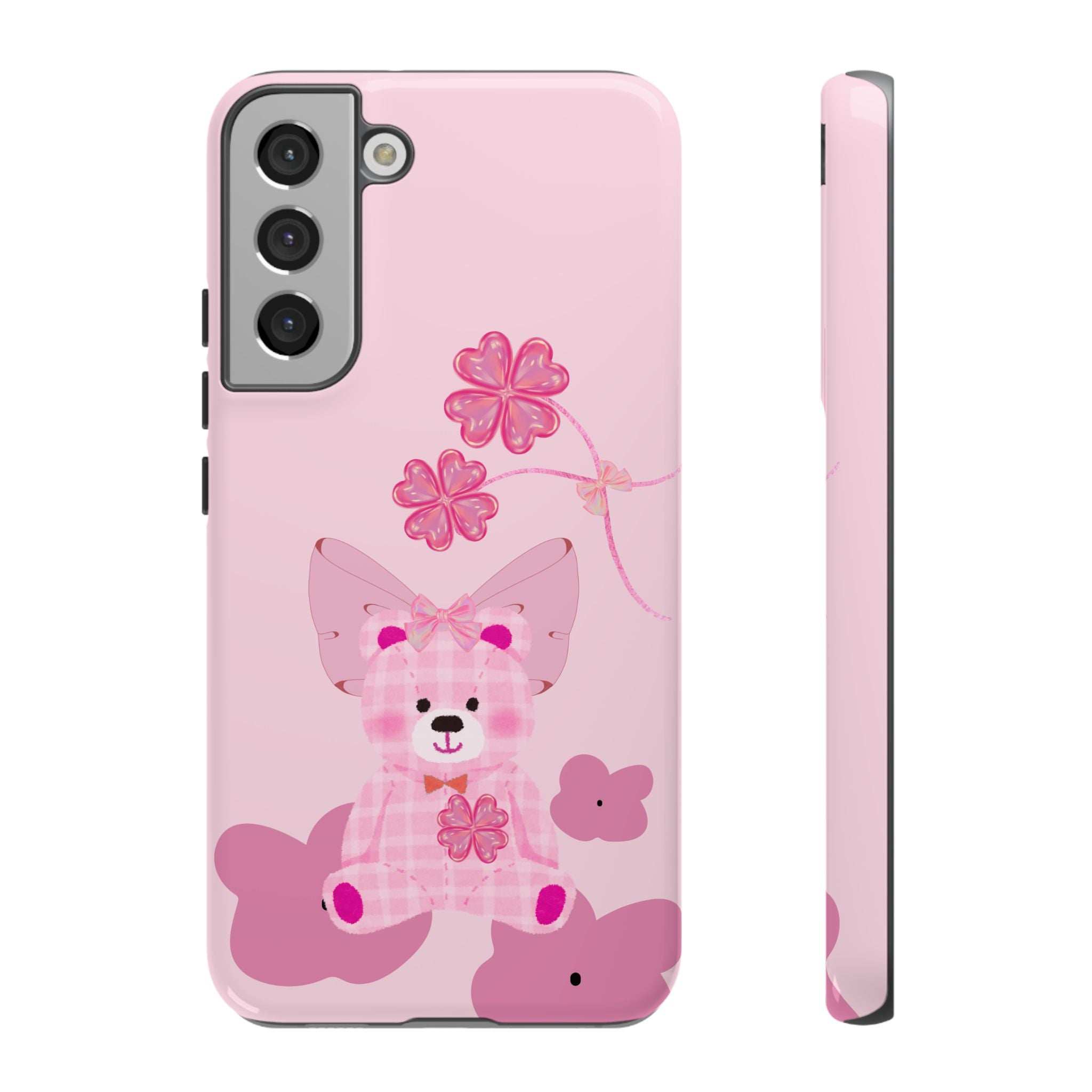 Pink phone case with teddy bear and flower graphic, back and side profile shown
