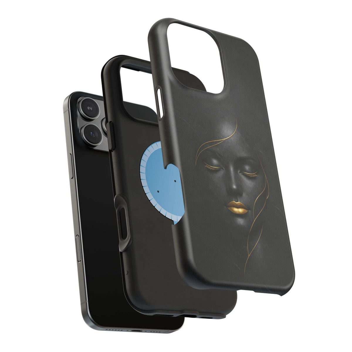 Black phone case showing gold face artwork with blue ear shape near the side cutouts.