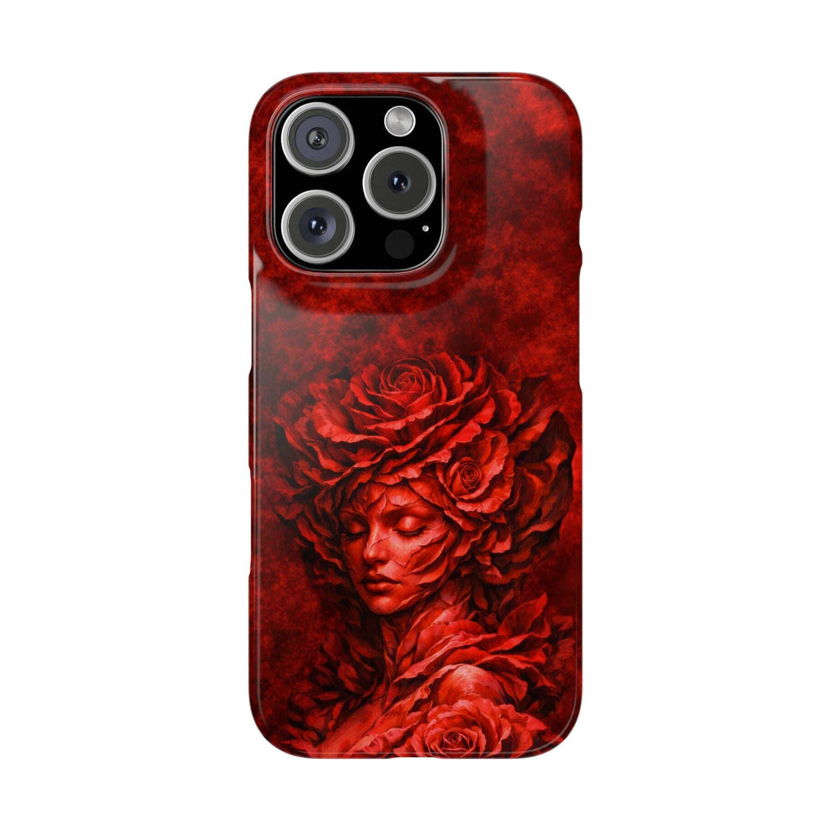 Slim phone case with red rose and angel-face artwork, camera cutout visible