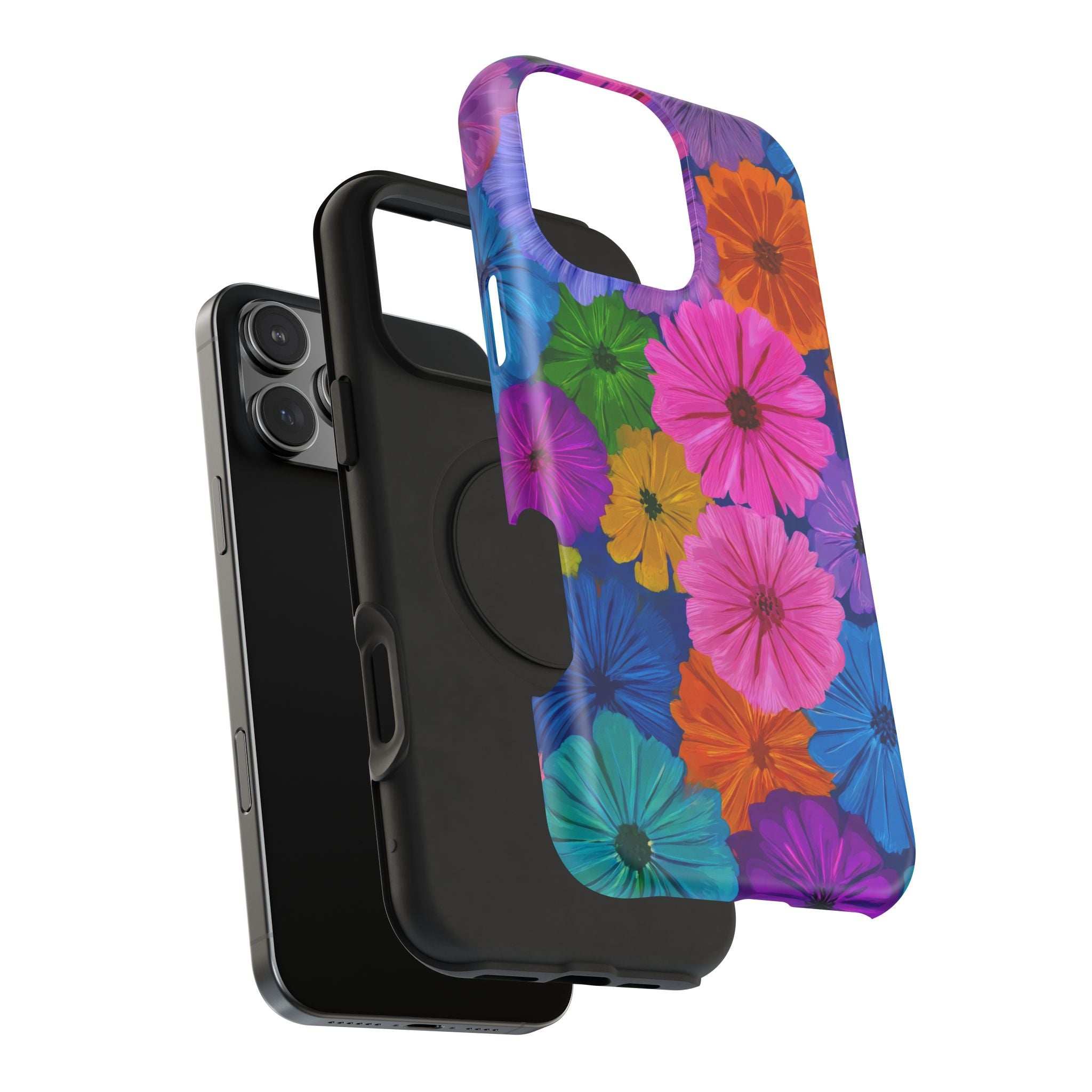 Bloom floral phone case with colorful blossoms and top camera cutout