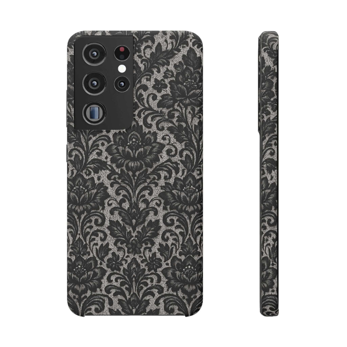 Black damask floral phone case, quad camera cutout; front view with side edge