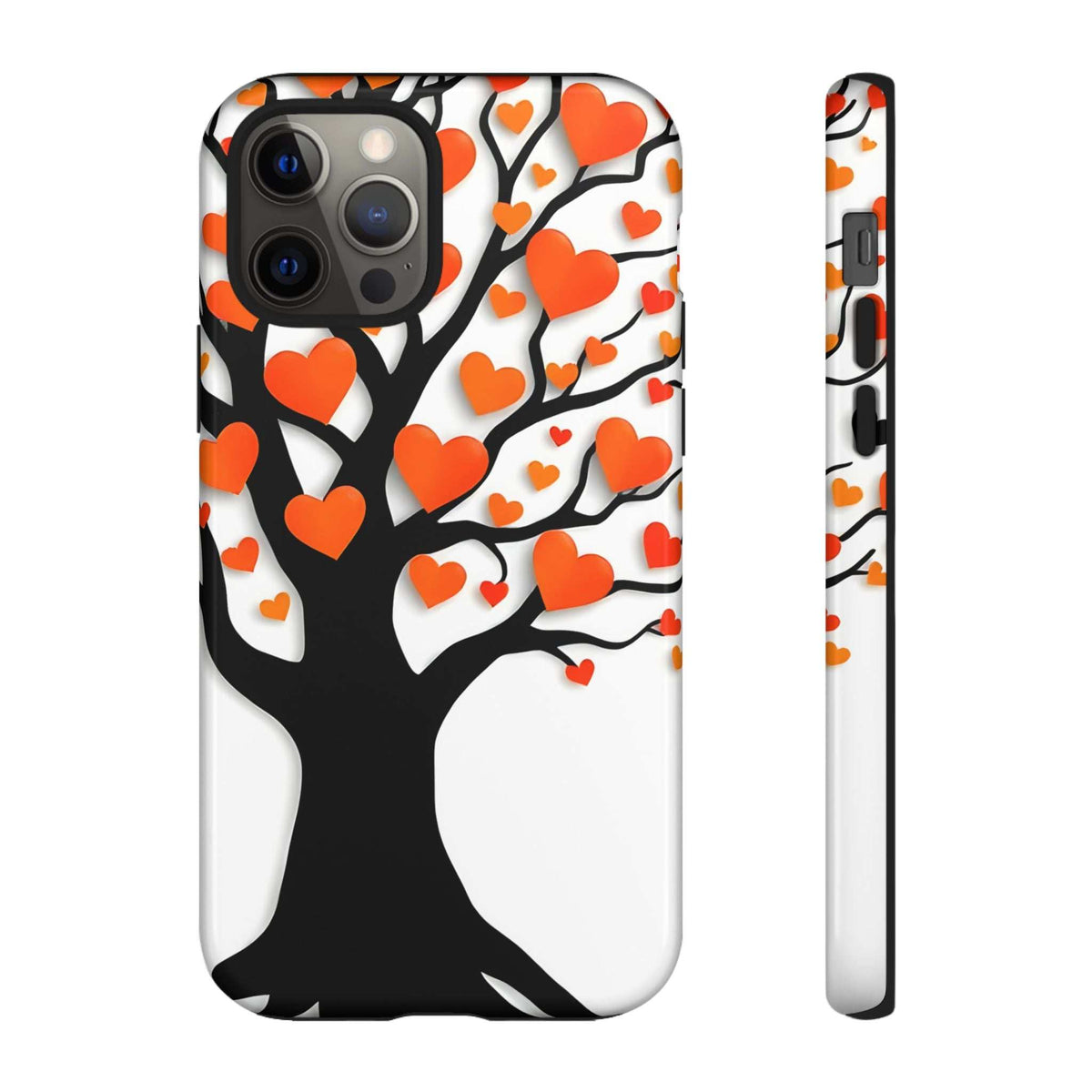 Phone case with white background, black heart tree, and orange/red hearts; triple-lens camera cutouts