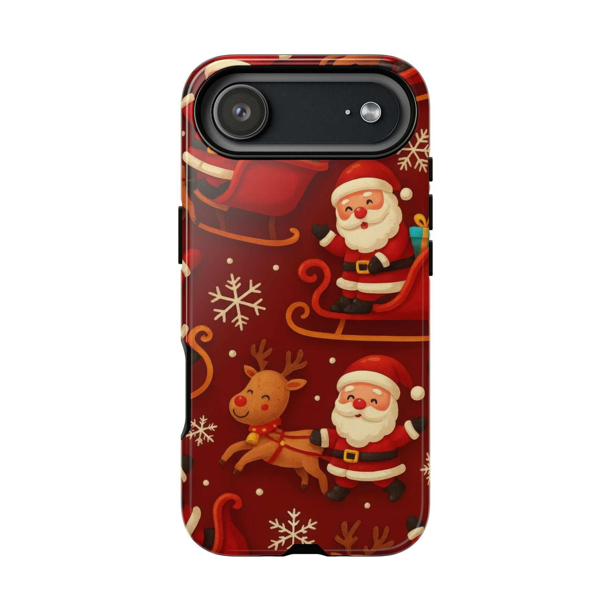 Glossy Santa and reindeer sleigh pattern phone case, dark bar camera window