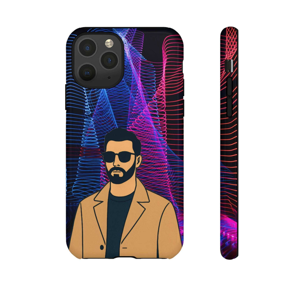 Glossy phone case front and side with bearded man graphic and neon blue/pink wave lines