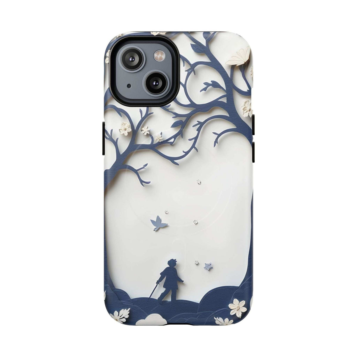 Phone case with blue tree and bird silhouette pattern on a white background