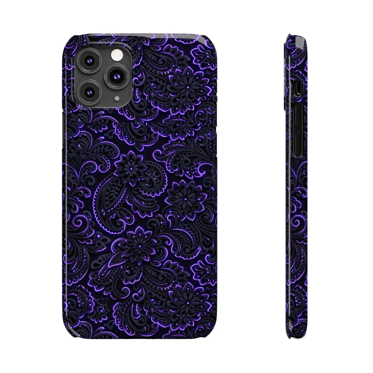 Phone case with neon purple paisley pattern on dark background, camera cutouts visible.