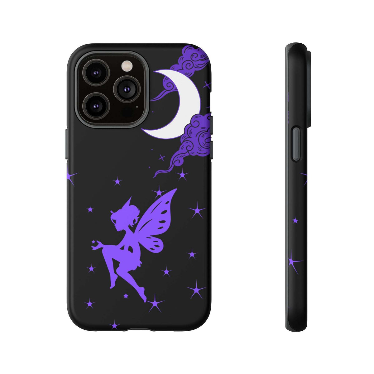 Black phone case with purple fairy flying motif, crescent moon, and star pattern